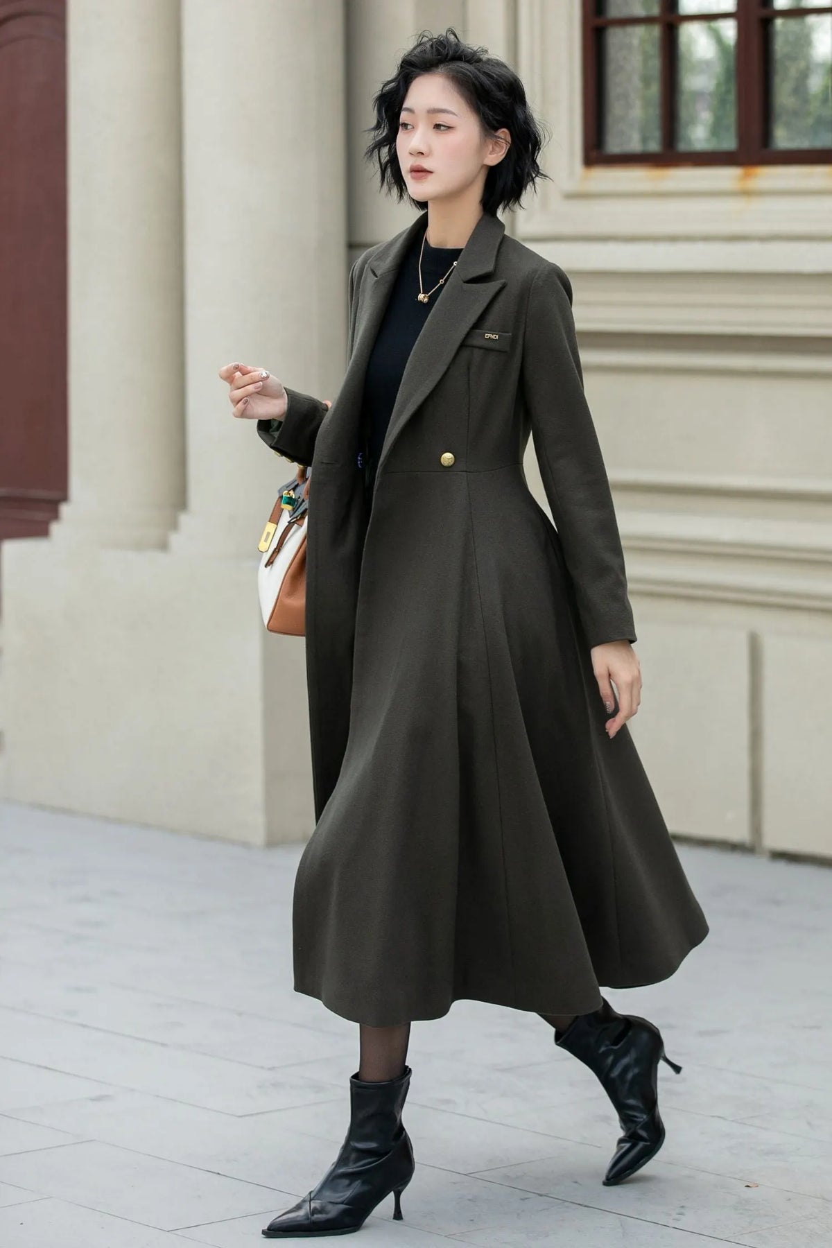 Army Green Wool Fit and Flare Double Breasted Coat - Fitted Waist 5459