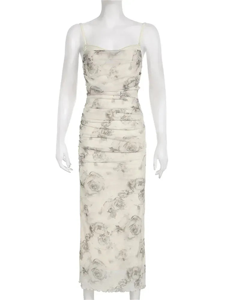 Retro Floral Print for Women Sleeveless Strap V-neck Ruched Split Summer Party Female Vestidos