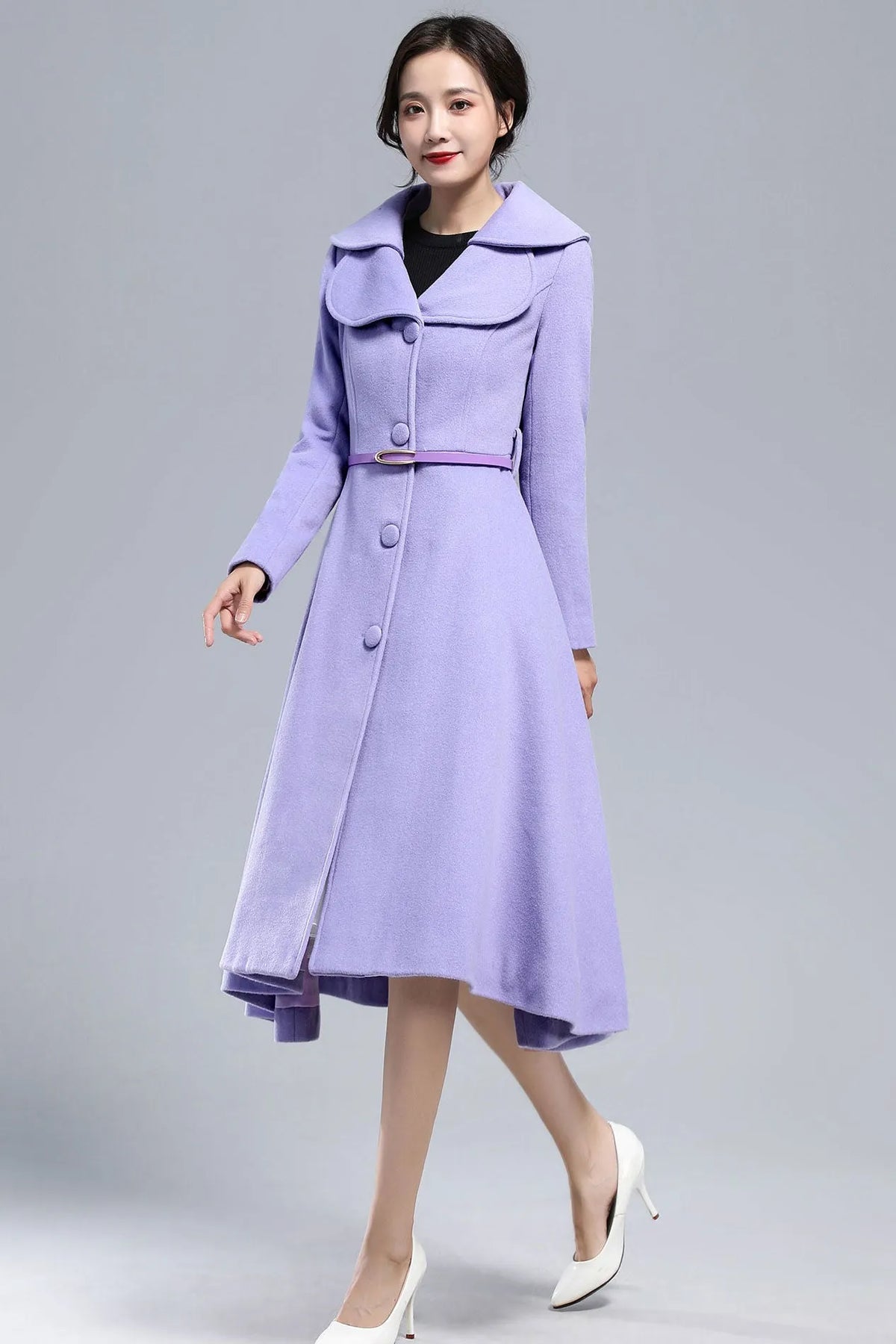 Xiaolizi Purple Wool Coat for Women – Handmade Vintage Fit-and-Flare Winter Overcoat with Double-Folded Lapel Collar 316
