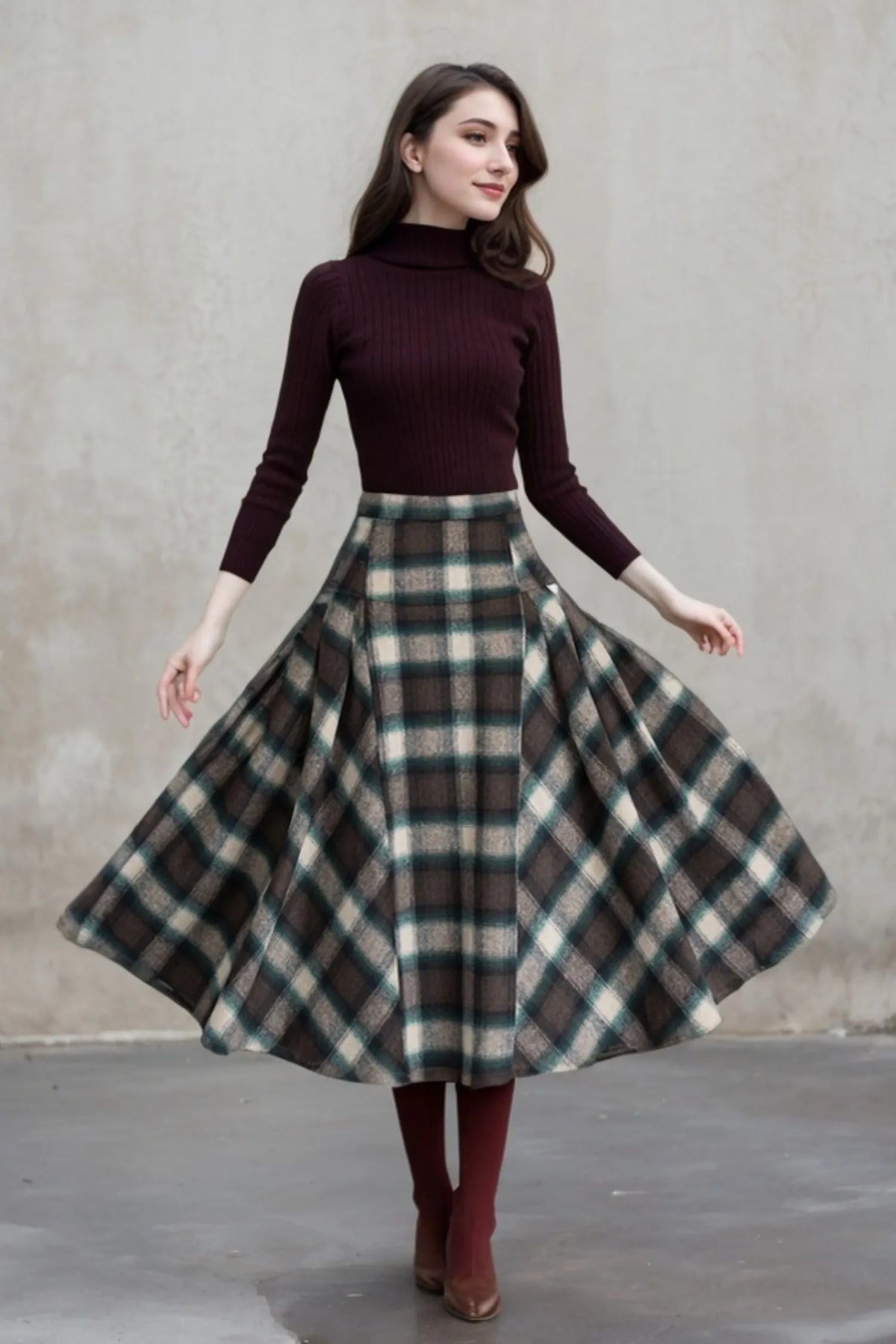Plaid Wool Blend Midi Skirt – Handmade 1950s Vintage Swing Elegance Xiaolizi 5401