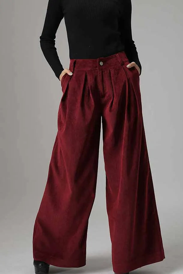 Red Cotton Corduroy Palazzo Pants - Wide Leg Ankle 