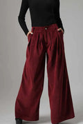 Red Cotton Corduroy Palazzo Pants - Wide Leg Ankle 