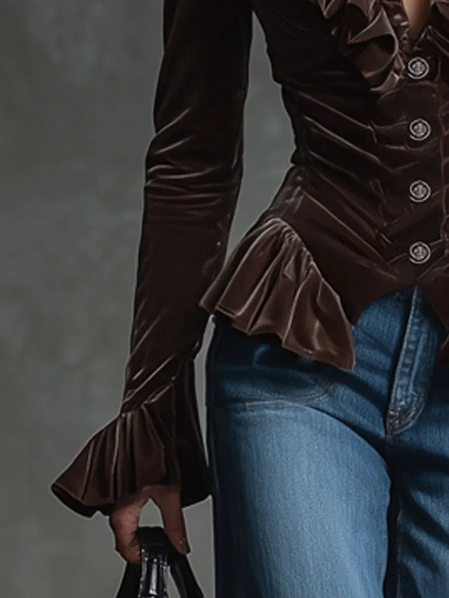 Fashion Retro Cocoa Brown Velvet V-Neck Ruffled Long-Sleeved Shirt