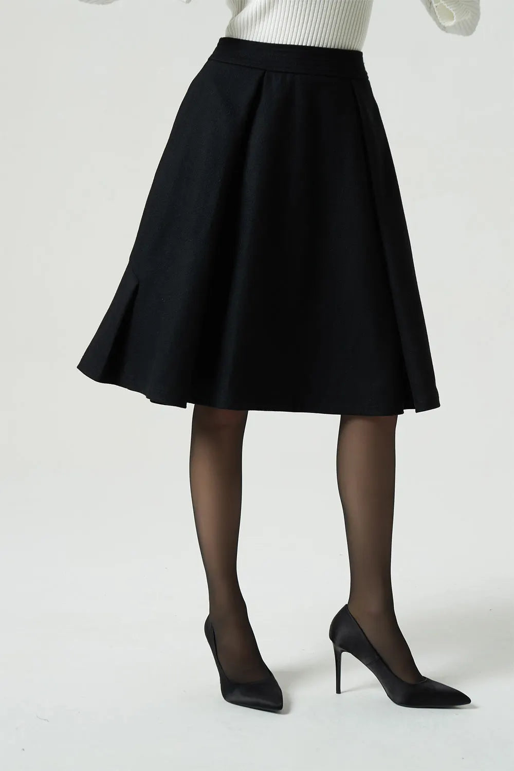Black Wool Knee Length Skirt - Pleated A-Line Silhouette 6291