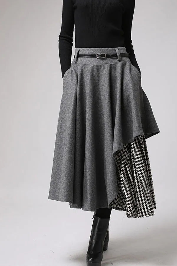 Grey Wool Midi Skirt - Houndstooth Panel & Belted Waist 720