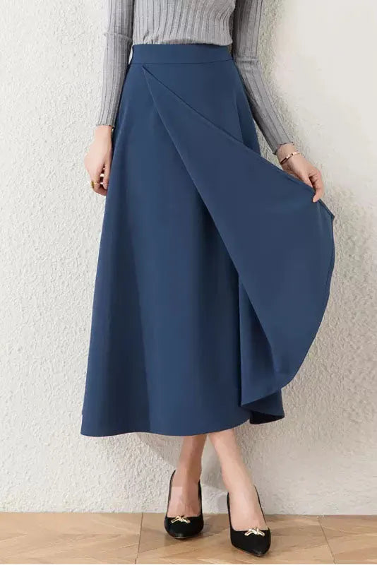 Brown Cotton Blend A-Line Long Skirt - Asymmetrical and High Waist 40