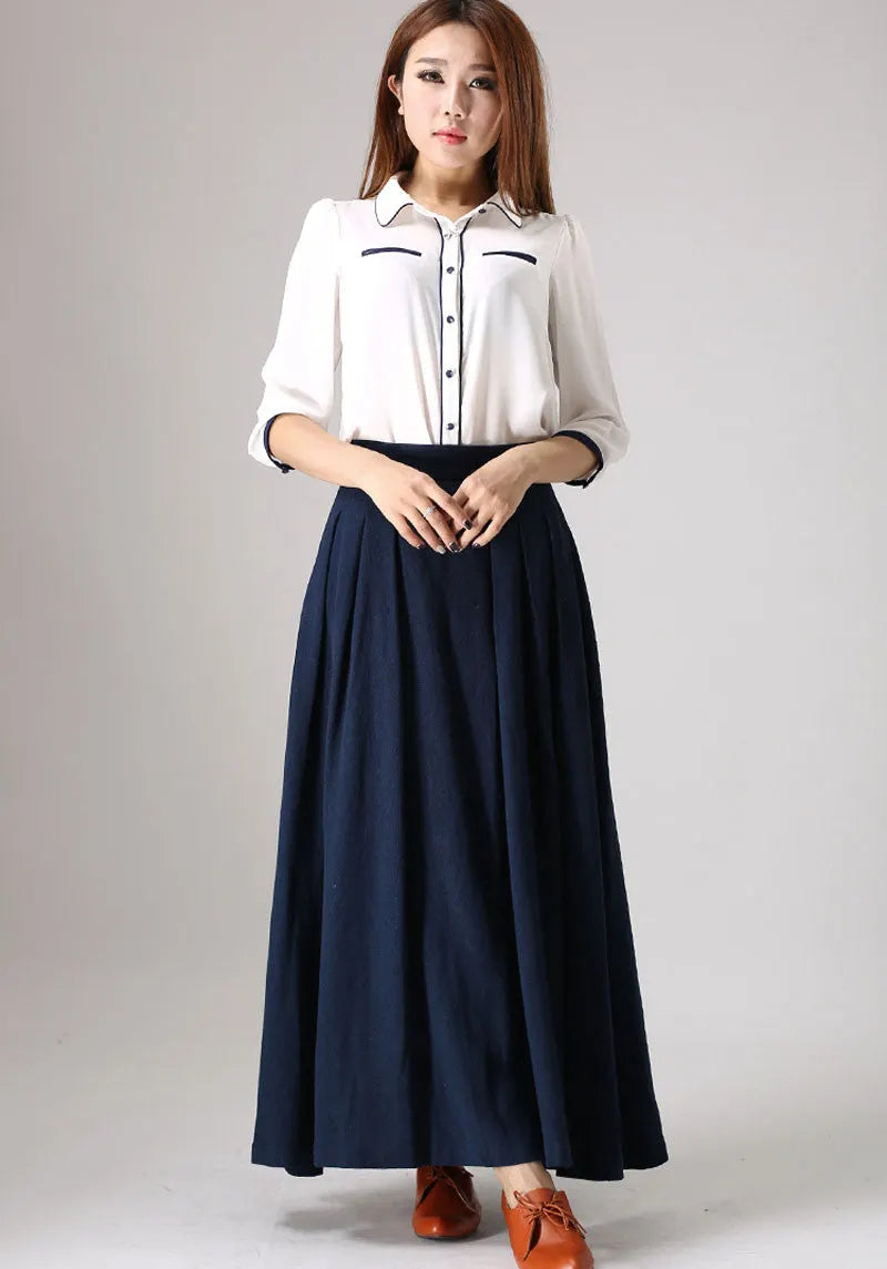 Navy Linen Cotton Maxi Skirt - High Waist A-Line Pleated Silhouette 855