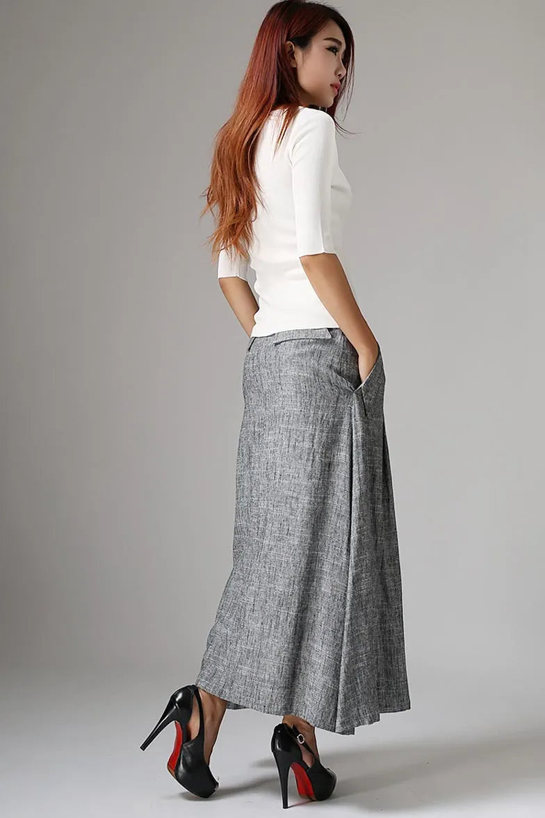 Gray Linen Maxi Skirt - Pleated Waist with Side Pockets 1039