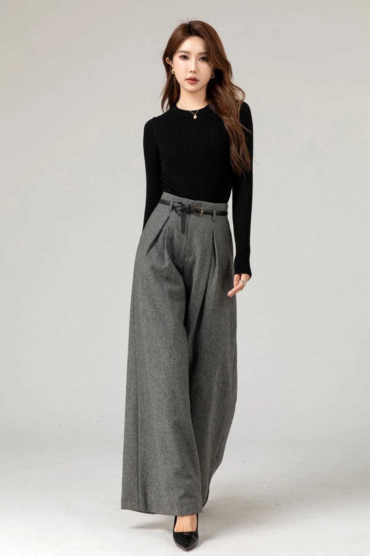 Gray Wool Wide-Leg Pants - High Waist Fitted 