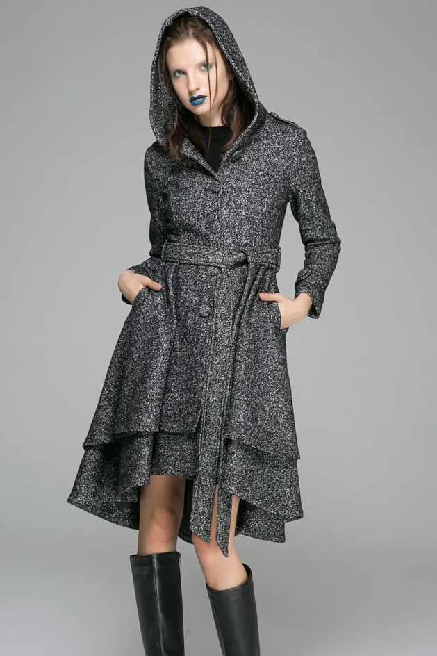 Vintage Wool Coat for Women – Handmade Gray Hooded Belted Winter Coat with Layered Hem 