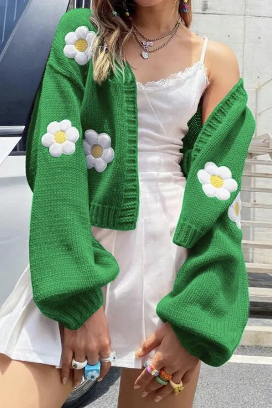 Floral Applique V Neck Button Knit Cardigan