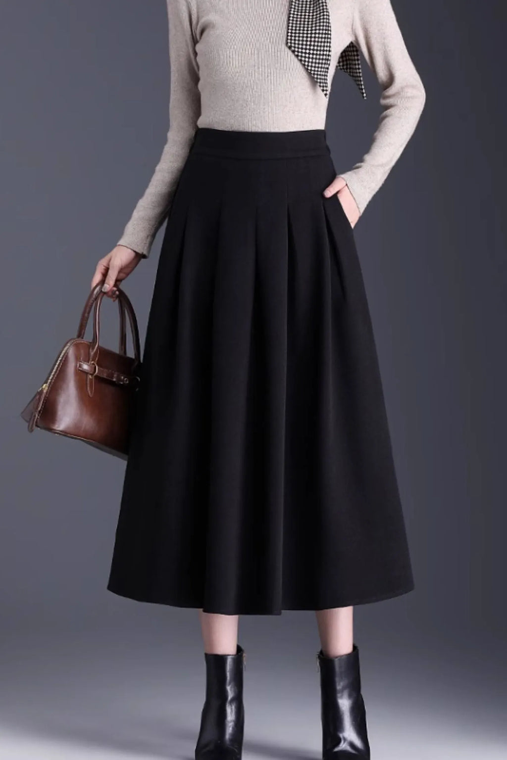 Burgundy Wool Midi Skirt - Pleated A-Line Silhouette 6138