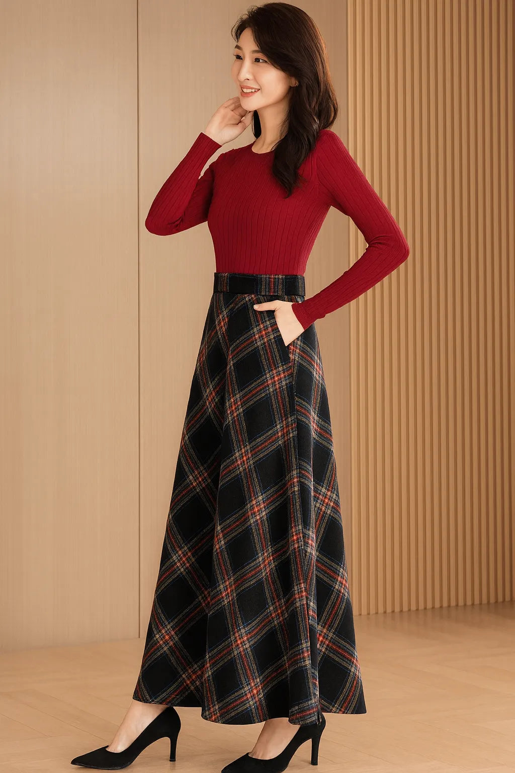 Handmade Black Red Plaid Wool Maxi Skirt – Vintage High Waist A-line Winter Elegance 