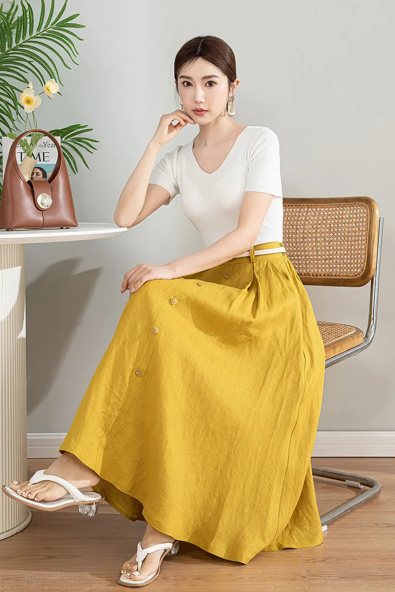 Handmade Linen Cotton Midi Skirt with Pockets 