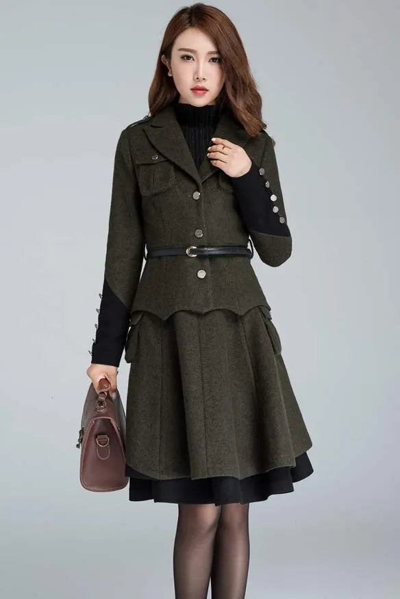 Army Green Wool Winter Coat - Relaxed Fit Button-Down Jacket 1628