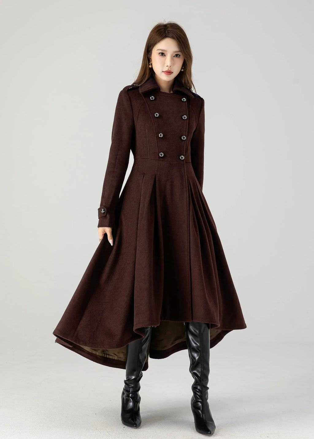 Brown Wool Long Coat - A-Line Vintage Inspired Double Breasted 6310