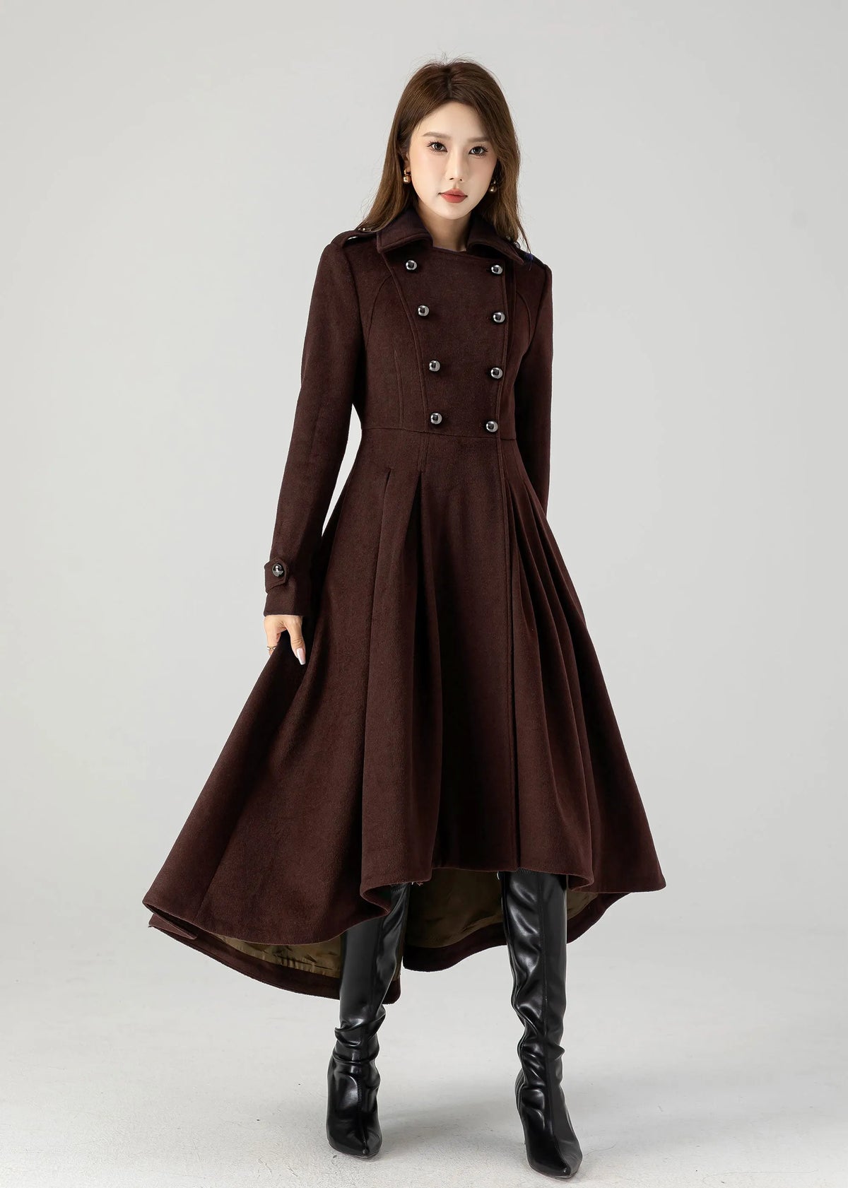 Brown Wool Long Coat - A-Line Vintage Inspired Double Breasted 6310