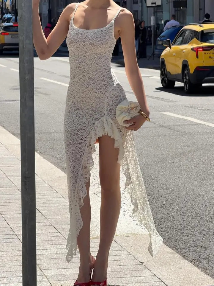 Lace Asymmetric Ruffle Maxi Dress