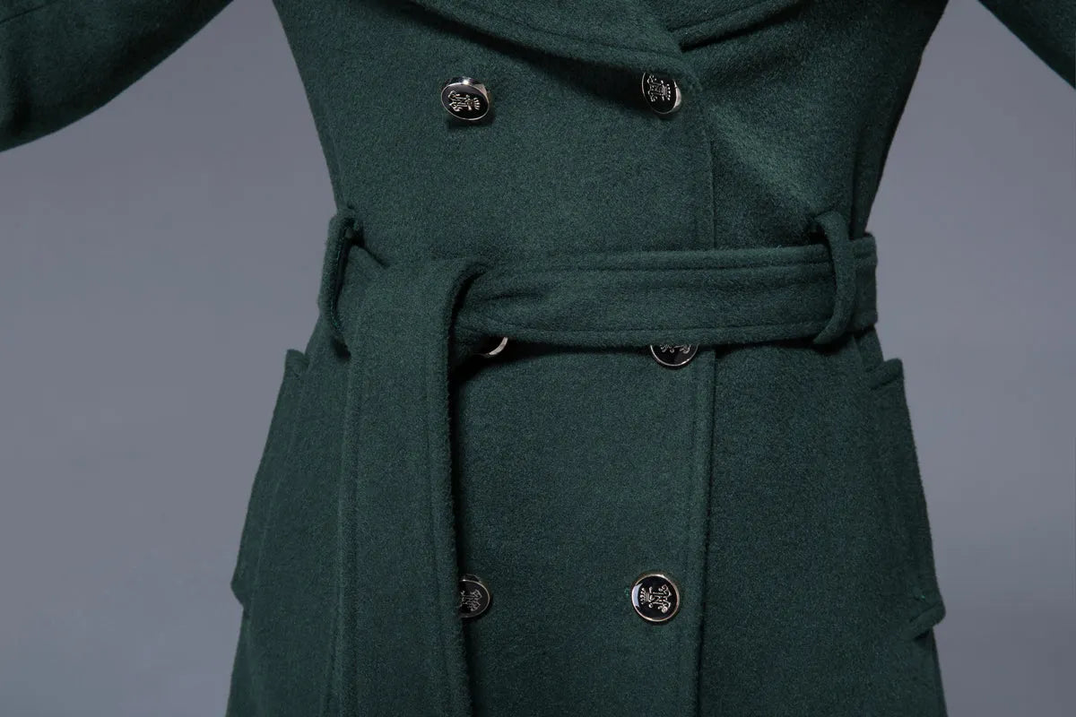 Vintage Wool Coat for Women – Handmade Green Double Breasted Hooded Belted Winter Coat 