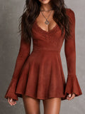 Boho Rust Microsuede Skater Mini Dress With Flare Long Sleeve