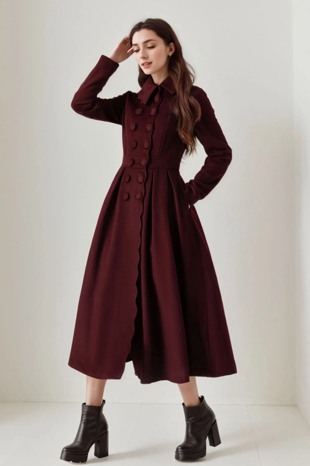 Burgundy Wool Maxi Coat - Pleated Fitted Waist with Scalloped Detail 5244