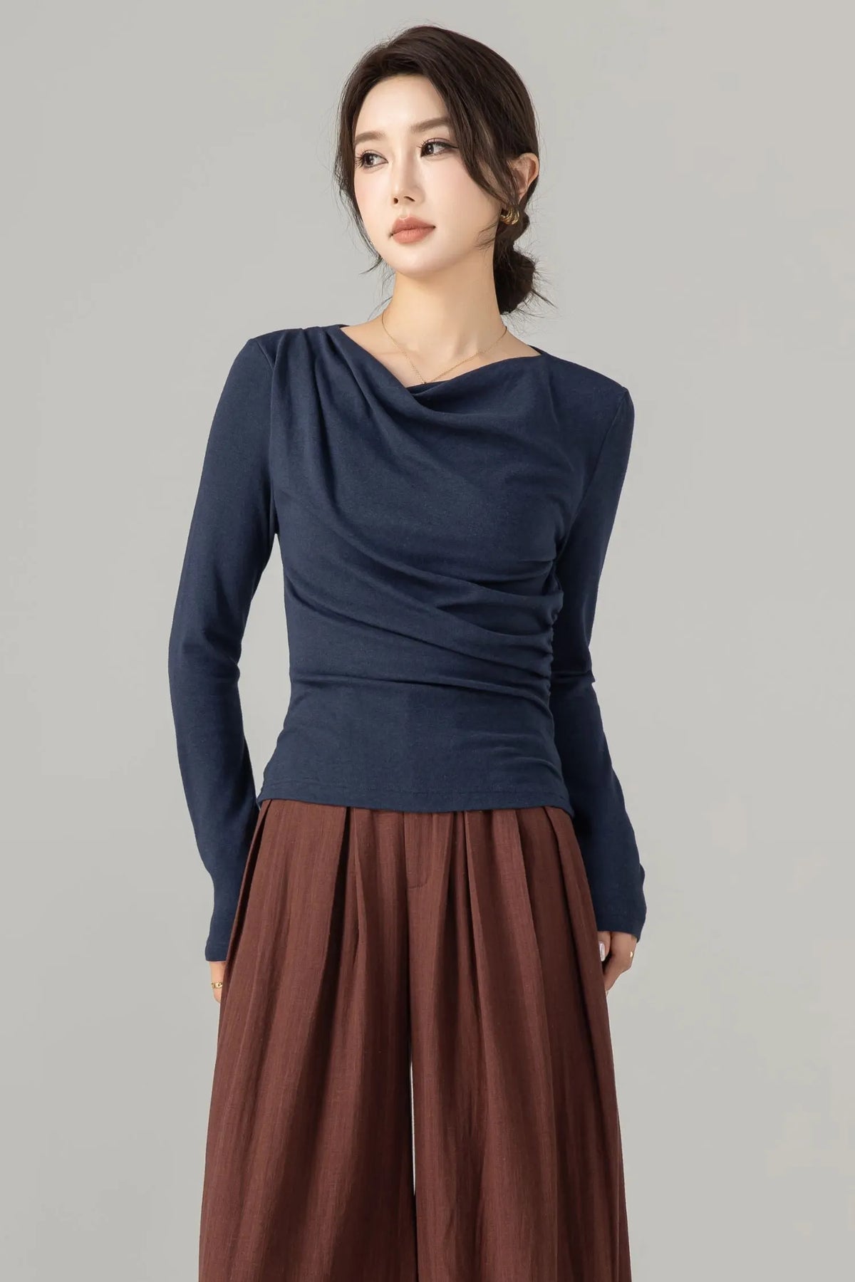 Navy Cotton Knit Long Sleeve Top - Slim Fit Drape Neck 5699