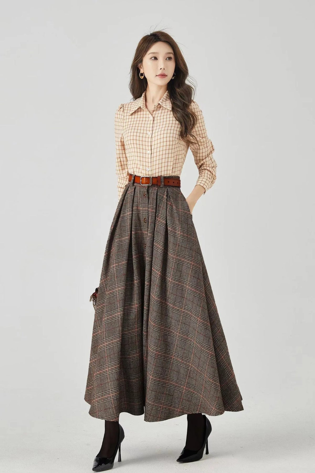 Plaid Wool Maxi Skirt – Handmade Brown Winter Full Skirt with Pockets 