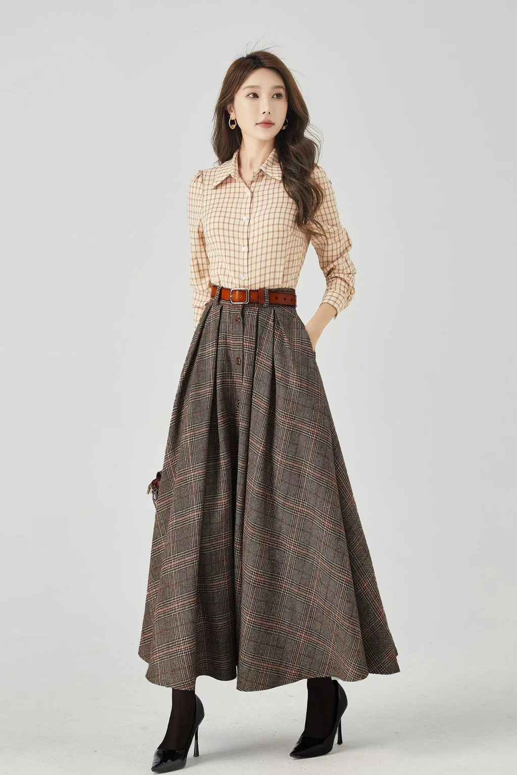 Plaid Wool A-Line Long Skirt - Flared Ankle-Length Winter Style 4536