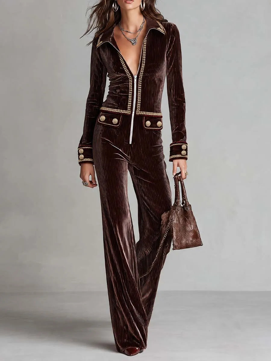 Retro Corduroy Jumpsuit With Gold-trimmed Zip-up Jacket And Flared Trousers