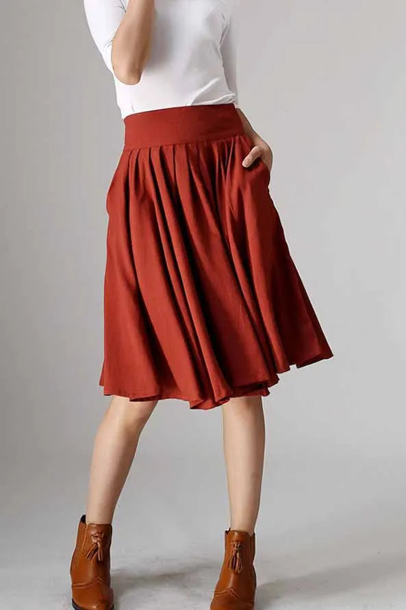 Red Linen Cotton Blend Pleated Midi Skirt - Flowing Waistband Detail 978