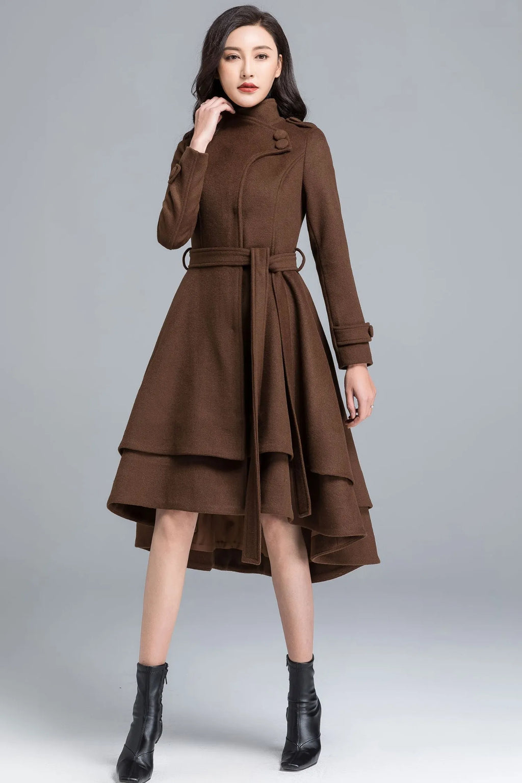 Brown Wool Coat - Asymmetrical Tiered Hem with Self Tie Belt c2491