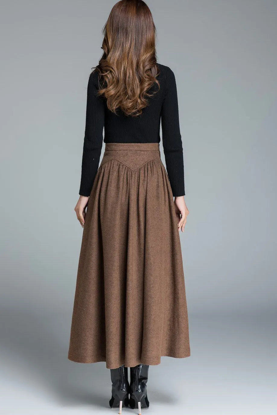 Brown Wool Maxi Skirt - Vintage High Waist A-Line Silhouette 1642