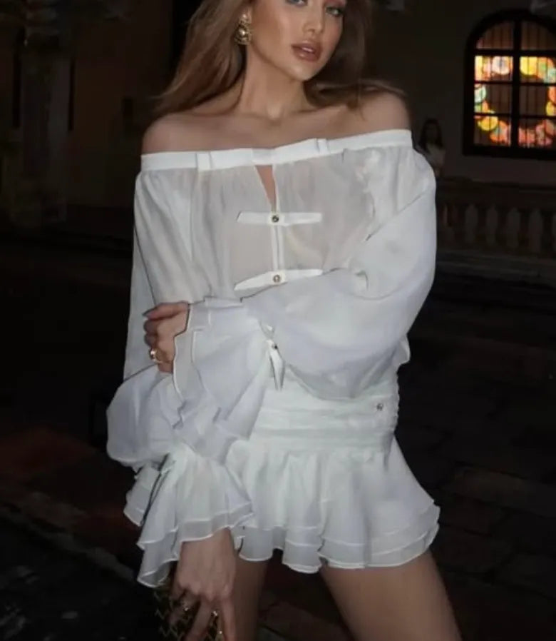 White Sheer Off-Shoulder Mini Dress