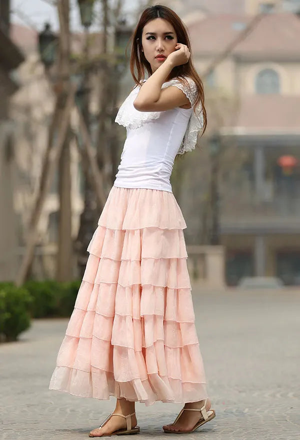Pink Chiffon Tulle Maxi Skirt - 7-Layer Flowy 