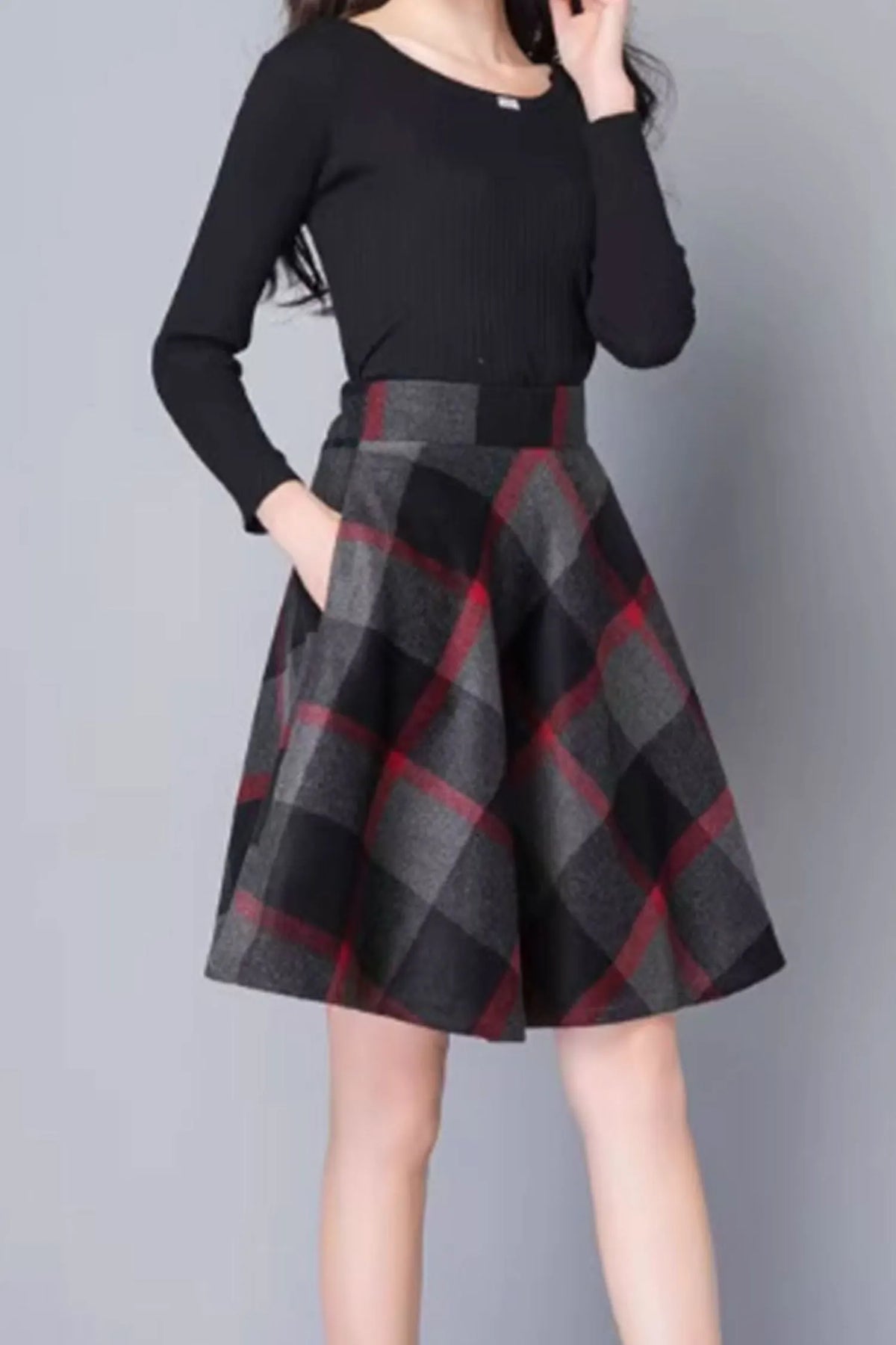 Black and Gray Wool A-Line Skirt - Short Winter Elegance 4655