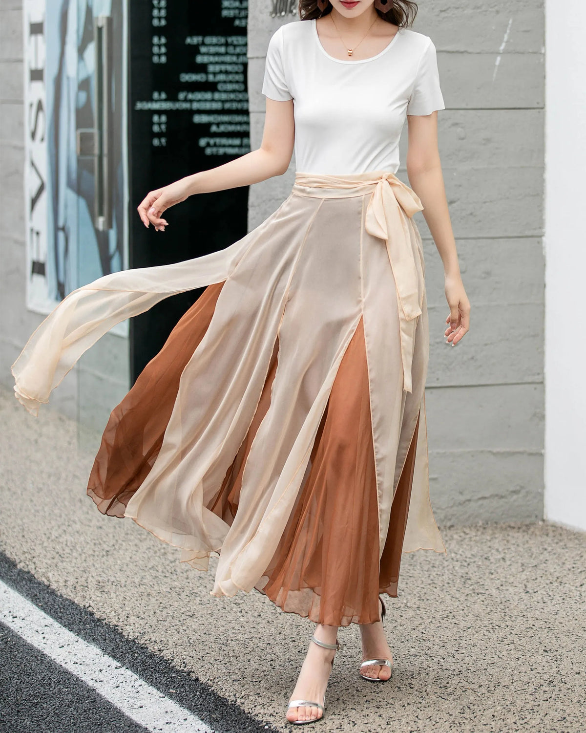 Apricot Chiffon Midi Wrap Skirt - Flowing Circle Silhouette 4277