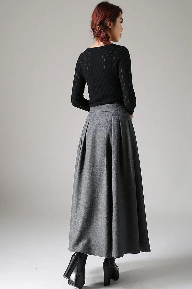 Dark Grey Wool Blend Maxi Skirt – Handmade Pleated High Waist Winter Elegance 1091
