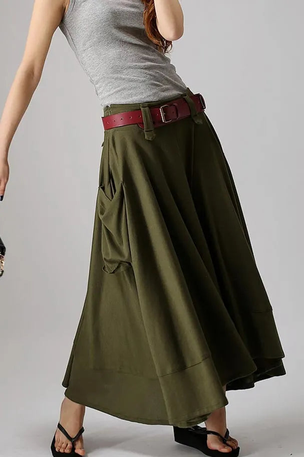 Army Green Linen Maxi Skirt - Wide Flared Silhouette with Pockets 0885