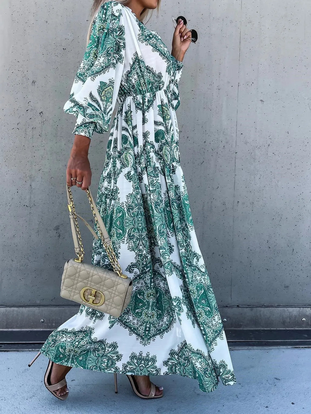 Vintage Print Long Sleeve Slit Dress