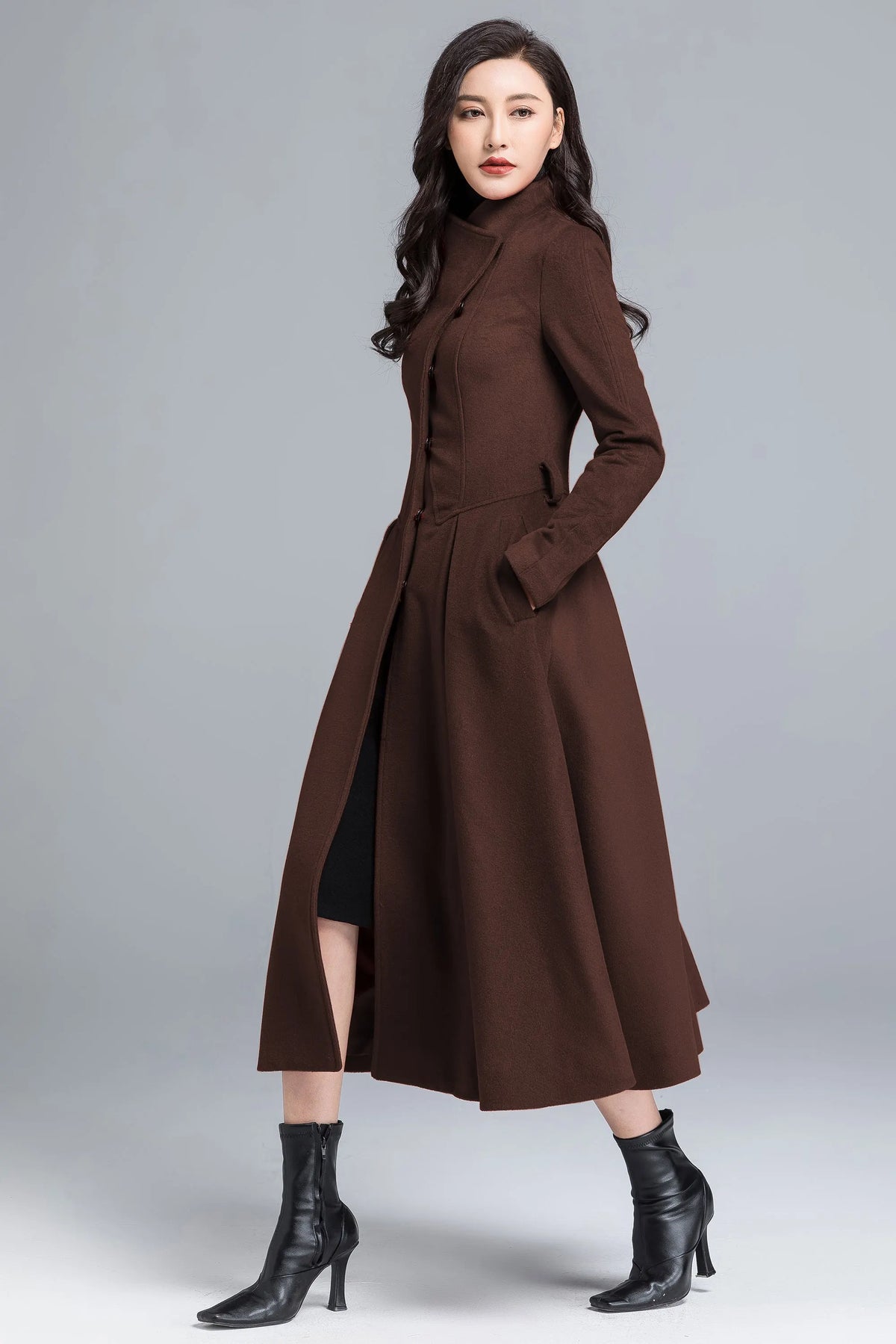 Vintage Wool Blend Coat – Handmade Brown Long Winter Coat with Belt 