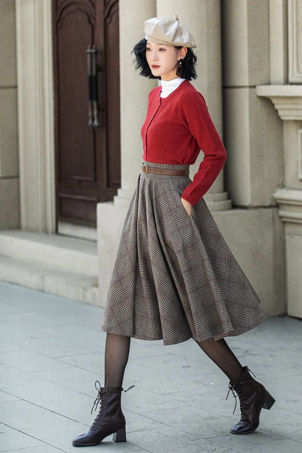 Plaid Wool Midi Skirt – Vintage High Waist Pleated Circle Skirt 5306