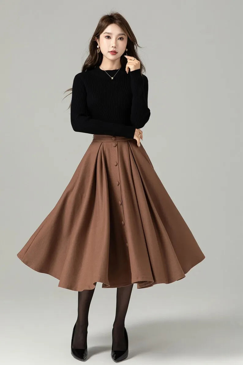 Brown Wool Blend Midi Skirt – Handmade A-Line Button Front Winter Elegance 4496
