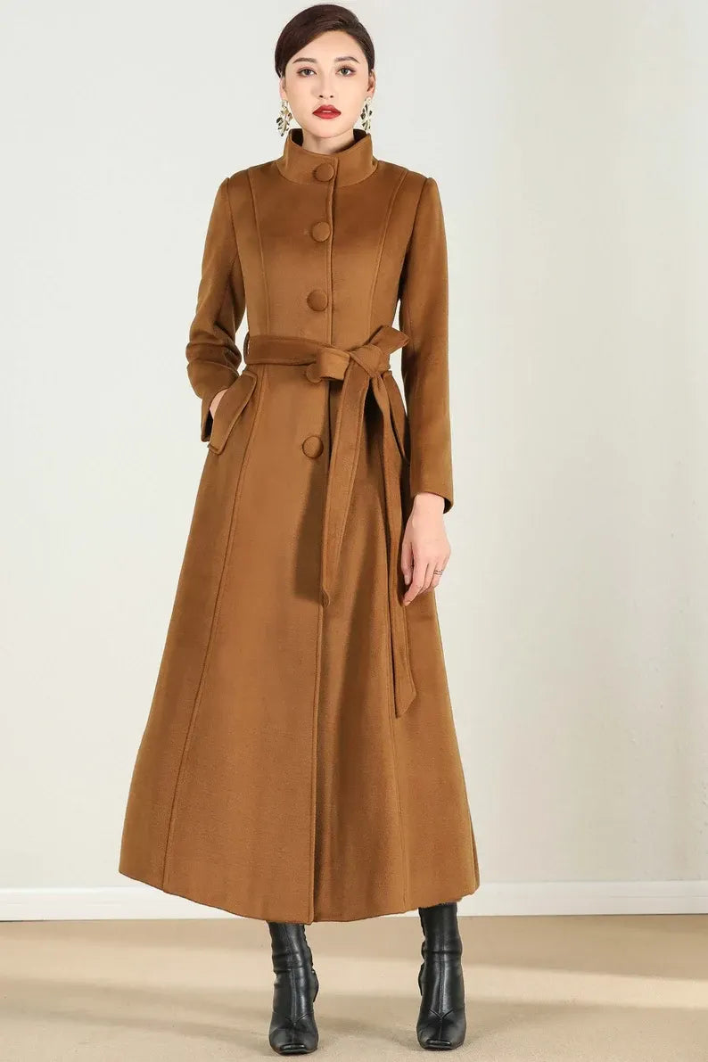 Camel Wool Maxi Coat - Single Breasted A-Line with Tie Waist 2498