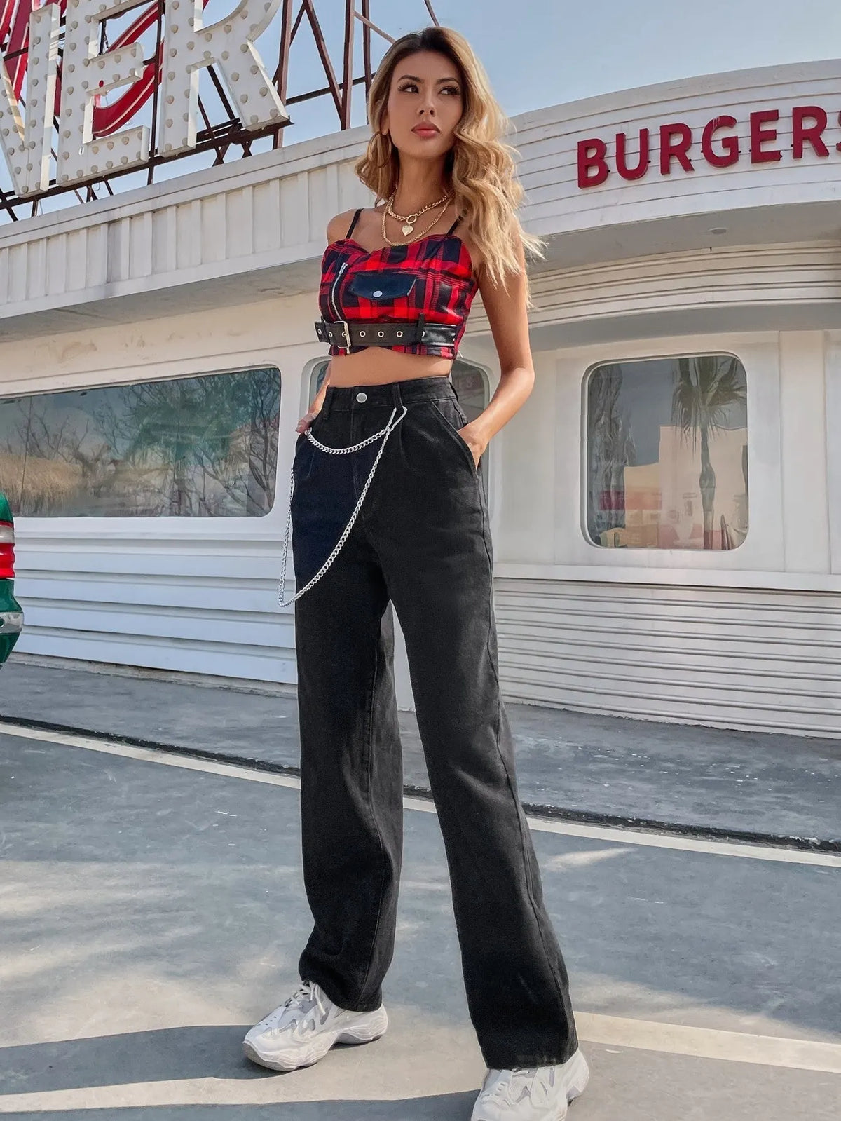 KittenAlarm - High Waist Chain Strap Straight Jeans