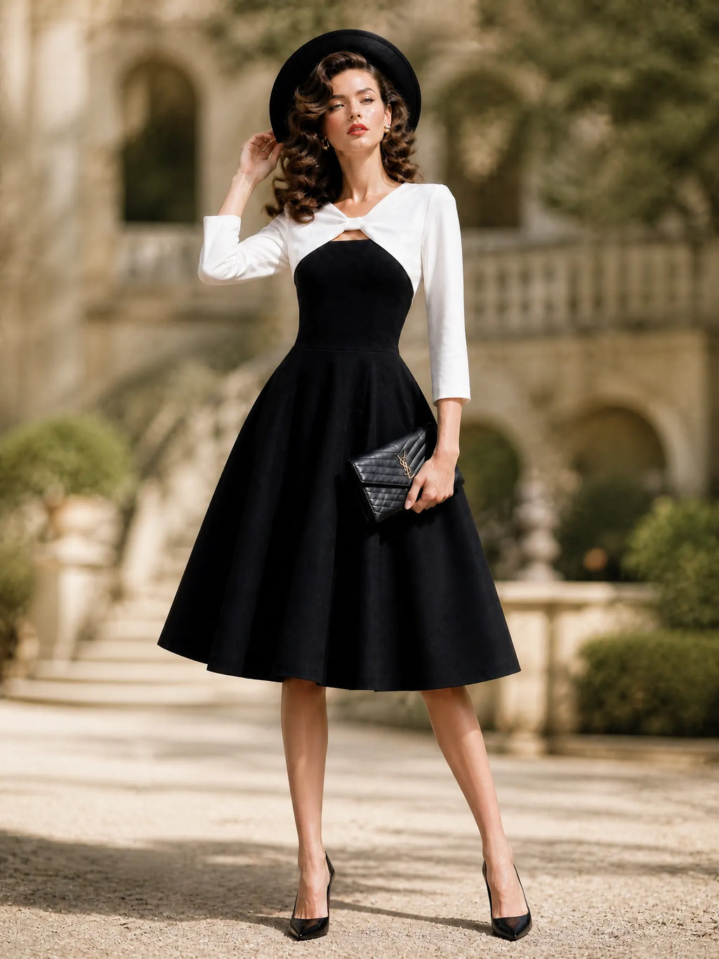 Retro Black Contrast-Bodice Bow-Detail A-Line Midi Dress