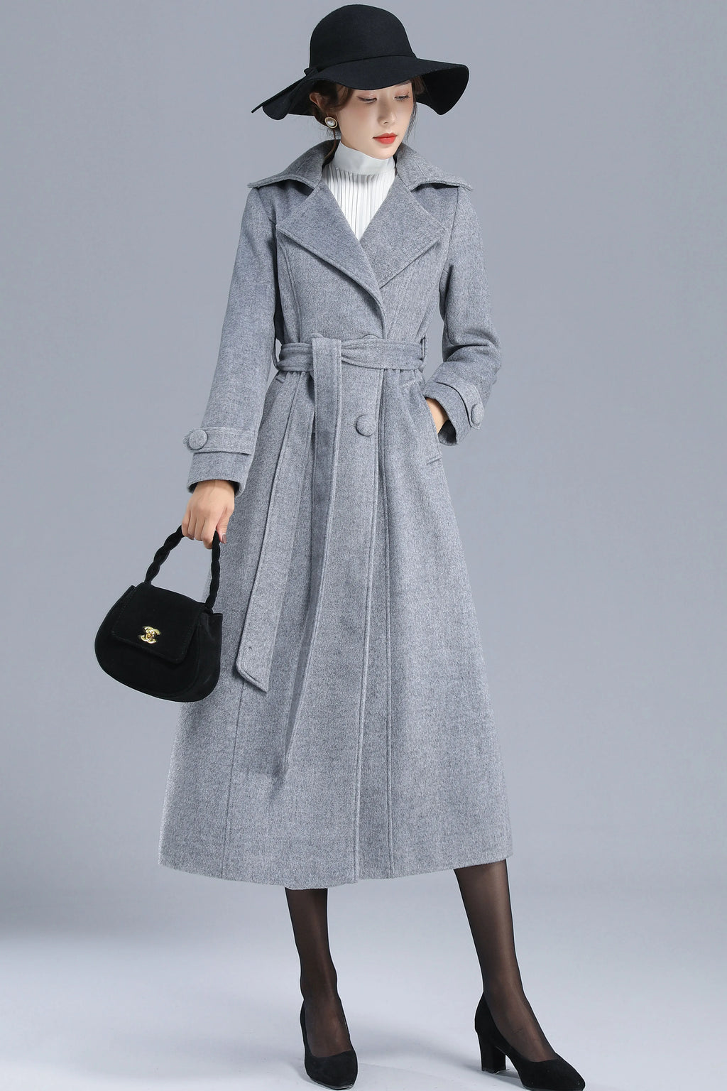 Gray Wool Belted Coat - Double Breasted, Mid-Calf Length 3209