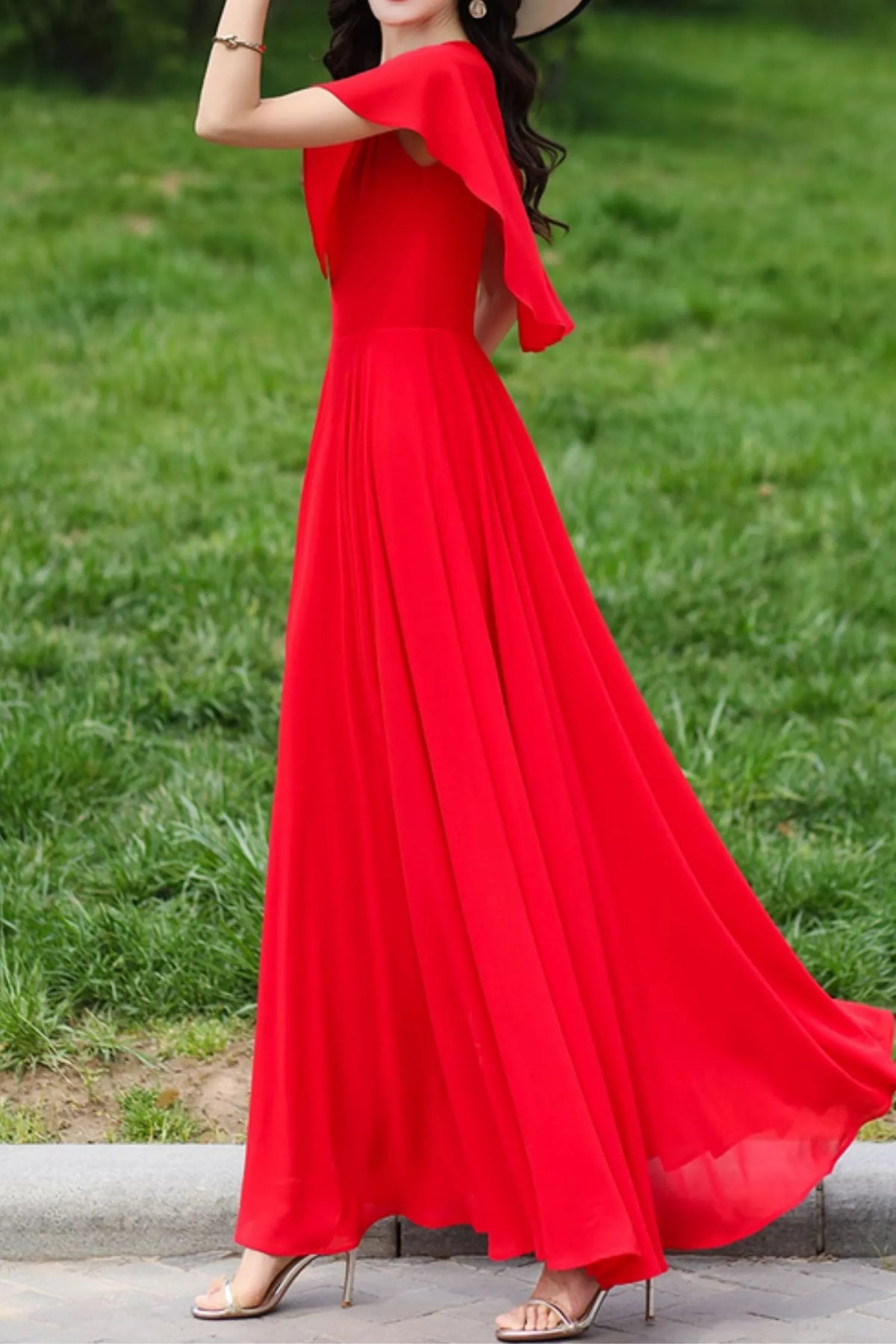 Red Chiffon Prom Maxi Dress - Fit and Flare with Cape Detail 5029