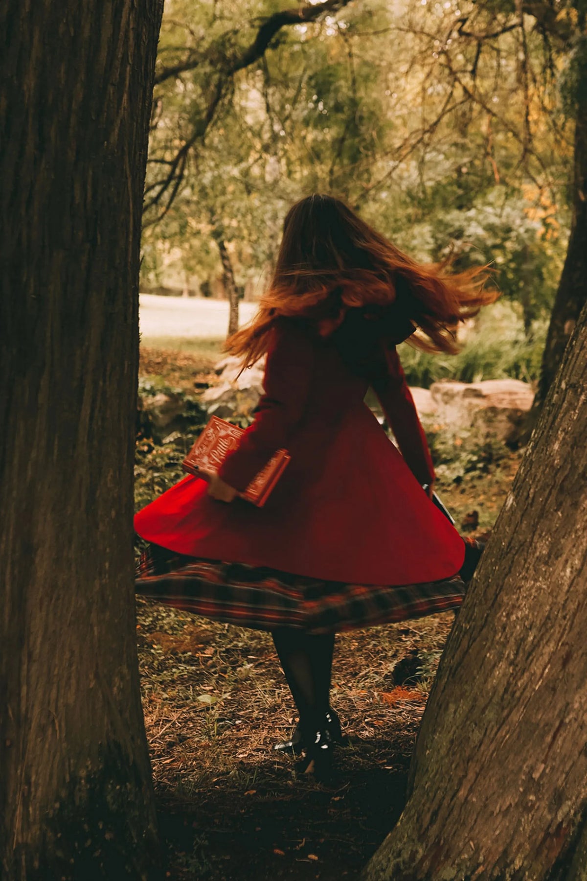 Red Wool Midi Coat - Hooded Empire Waist Swing Silhouette 2415