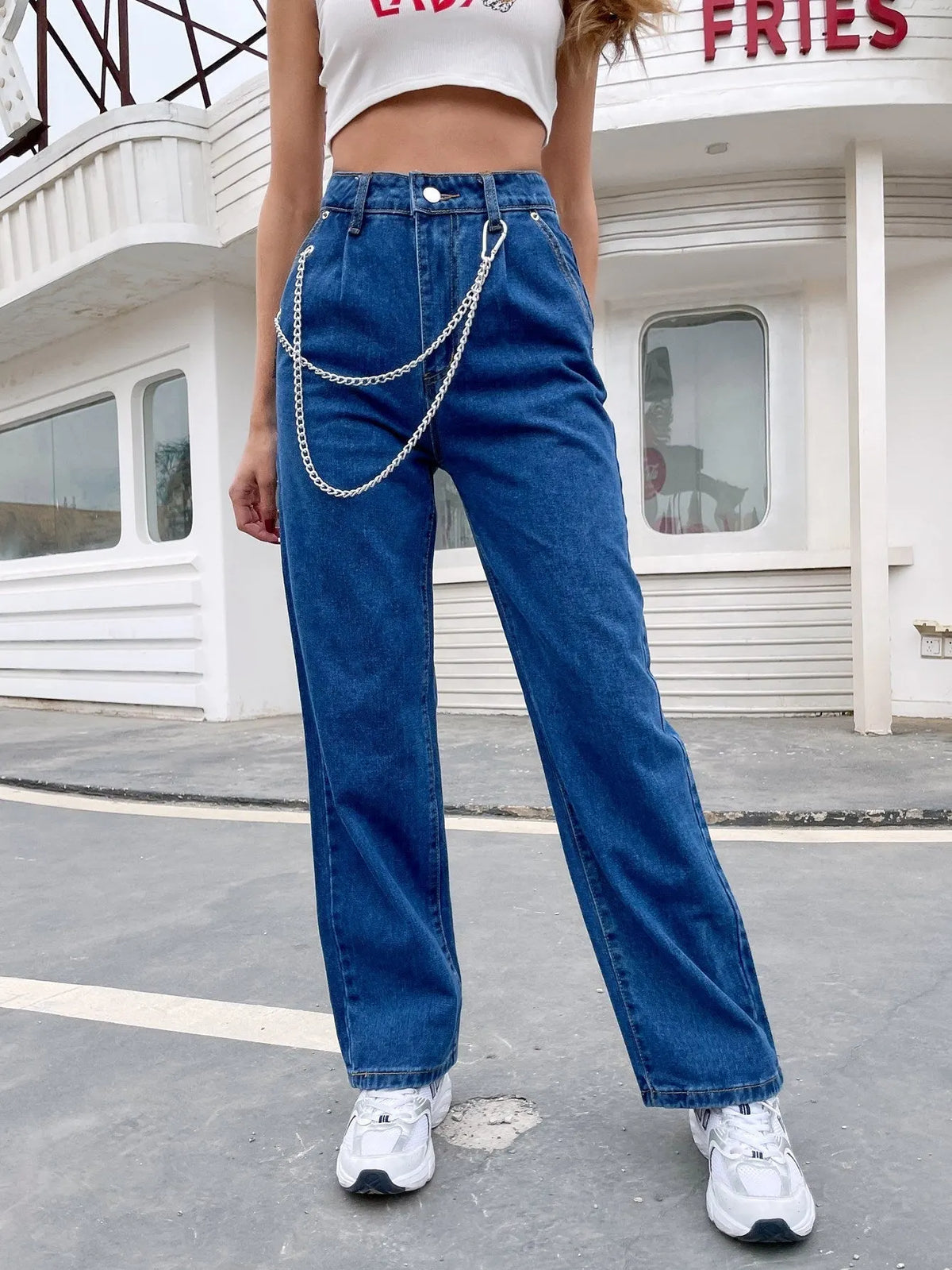 KittenAlarm - High Waist Chain Strap Straight Jeans