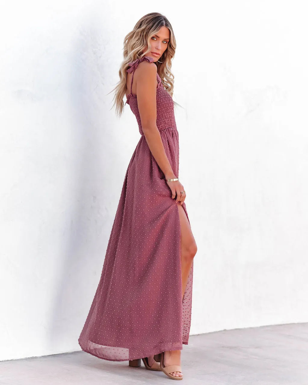 Hazelle Smocked Swiss Dot Maxi Dress - Dark Mauve